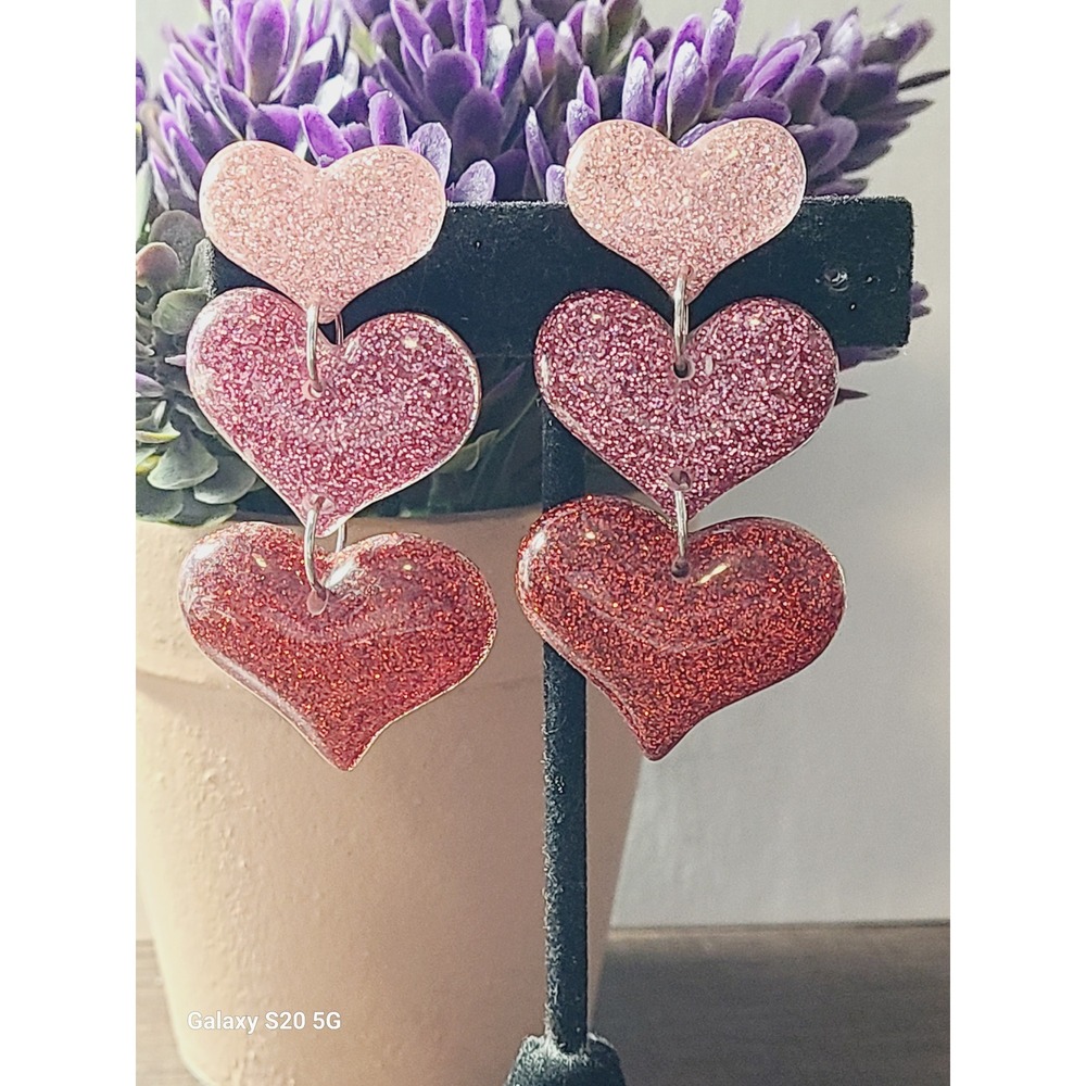 Pink Red Ombre Glitter Resin Heart Tiered Drop Statement Earrings Valentine Day